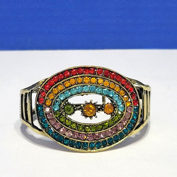 Vintage Rainbow Rhinestone Clamper Bangle Statement Bracelet - Picture 1 of 9